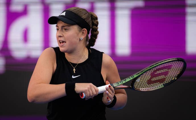 February 23, 2022, DOHA, QATAR: Jelena Ostapenko of Latvia in action during the third round of the 2022 Qatar TotalEnergies Open 2022 WTA, Tennis Damen 1000 tennis tournament DOHA QATAR - ZUMAa181 20220223_zaa_a181_026 Copyright: xRobxPrangex