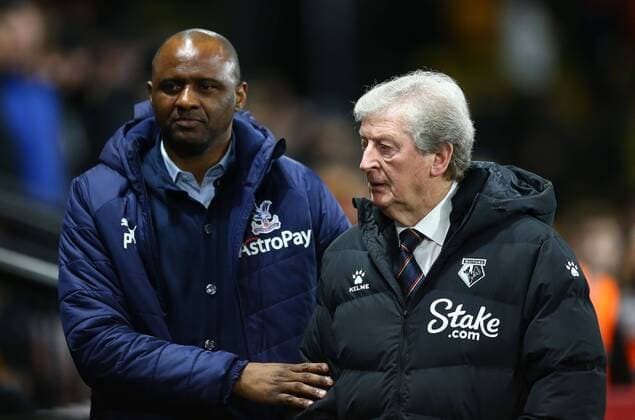 Fußball, Trainerhistorie Crystal Palace von 1905 bis heute Mandatory Credit: Photo by Michael Zemanek Shutterstock (12819462d) Patrick Vieira manager of Crystal Palace and Roy Hodgson manager of Watford Watford v Crystal Palace, Premier League, Football, Vicarage Road, Watford, UK - 23 Feb 2022 EDITORIAL USE ONLY No use with unauthorised audio, video, data, fixture lists, club league logos or live services. Online in-match use limited to 120 images, no video emulation. No use in betting, games or single club league player publications. Watford v Crystal Palace, Premier League, Football, Vicarage Road, Watford, UK - 23 Feb 2022 EDITORIAL USE ONLY No use with unauthorised audio, video, data, fixture lists, club league logos or live services. Online in-match use limited to 120 images, no video emulation. No use in betting, games or single club league player publications.  Copyright: xMichaelxZemanek Shutterstockx 12819462d