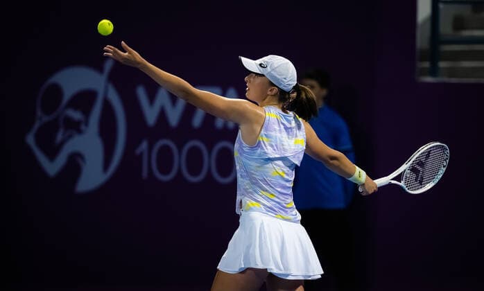 February 23, 2022, DOHA, QATAR: Iga Swiatek of Poland in action during the third round of the 2022 Qatar TotalEnergies Open 2022 WTA, Tennis Damen 1000 tennis tournament against Daria Kasatkina of Russia DOHA QATAR - ZUMAa181 20220223_zaa_a181_224 Copyright: xRobxPrangex