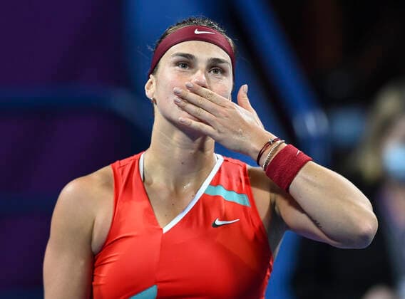 (220224) -- DOHA, Feb. 24, 2022 -- Aryna Sabalenka of Belarus celebrates after the round of 16 match of WTA, Tennis Damen Qatar Open tennis tournament between Jil Teichmann of Switzerland and Aryna Sabalenka of Belarus at the Khalifa International Tennis Complex in Doha, capital of Qatar, Feb. 23, 2022. (Photo by Xinhua) (SP)QATAR-DOHA-TENNIS-QATAR OPEN-ROUND OF 16 Nikku 