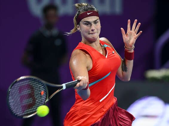 (220224) -- DOHA, Feb. 24, 2022 -- Aryna Sabalenka of Belarus hits a return during the round of 16 match of WTA, Tennis Damen Qatar Open tennis tournament between Jil Teichmann of Switzerland and Aryna Sabalenka of Belarus at the Khalifa International Tennis Complex in Doha, capital of Qatar, Feb. 23, 2022. (Photo by Xinhua) (SP)QATAR-DOHA-TENNIS-QATAR OPEN-ROUND OF 16 Nikku 