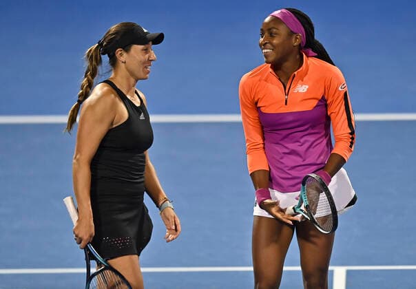 (220224) -- DOHA, Feb. 24, 2022 -- Cori Gauff (R) and Jessica Pegula of United States celebrate after the doubles quarterfinal of WTA, Tennis Damen Qatar Open tennis tournament match between Zhang Shuai of China Ena Shibahara of Japan and Cori Gauff Jessica Pegula of the United States at the Khalifa International Tennis Complex in Doha, capital of Qatar, Feb.23, 2022. (Photo by Xinhua) (SP)QATAR-DOHA-TENNIS-QATAR OPEN-DOUBLES QUARTERFINAL Nikku 