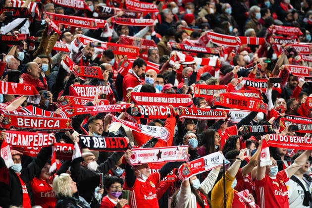 February 23, 2022, Lisbon, Portugal: SL Benfica supporters hold scarves during the UEFA Champions League match between SL Benfica and AFC Ajax at Estadio da Luz stadium..Final score; SL Benfica 2:2 AFC Ajax. Lisbon Portugal - ZUMAs197 20220223_zaa_s197_302 Copyright: xHugoxAmaralx