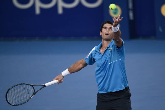 (220224) -- ACAPULCO, Feb. 24, 2022 -- Pablo Andujar of Spain serves during the men s singles round of 16 match between Daniil Medvedev of Russia and Pablo Andujar of Spain at the 2022 ATP, Tennis Herren Mexican Open tennis tournament in Acapulco, Mexico, Feb. 23, 2022. ) (SP)MEXICO-ACAPULCO-TENNIS-ATP-MEXICAN OPEN-ROUND OF 16 XinxYuewei 