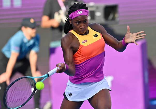 (220224) -- DOHA, Feb. 24, 2022 -- Cori Gauff of the United States hits a return during the quarterfinal match of WTA, Tennis Damen Qatar Open tennis tournament between Maria Sakkari of Greece and Cori Gauff of the United States at the Khalifa International Tennis Complex in Doha, capital of Qatar, Feb. 24, 2022. (Photo by Nikku Xinhua) (SP)QATAR-DOHA-TENNIS-QATAR OPEN-QUARTERFINAL yangyuanyong 