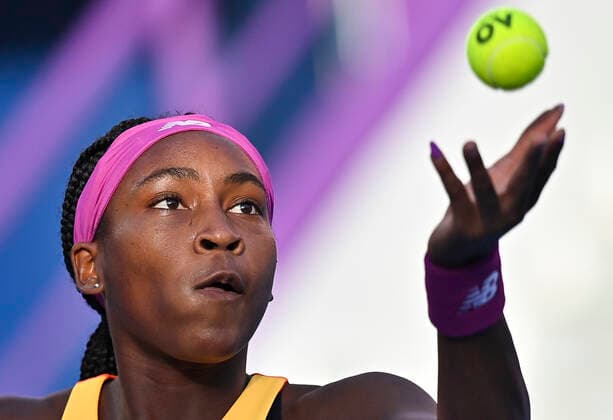 (220224) -- DOHA, Feb. 24, 2022 -- Cori Gauff of the United States serves during the quarterfinal match of WTA, Tennis Damen Qatar Open tennis tournament between Maria Sakkari of Greece and Cori Gauff of the United States at the Khalifa International Tennis Complex in Doha, capital of Qatar, Feb. 24, 2022. (Photo by Nikku Xinhua) (SP)QATAR-DOHA-TENNIS-QATAR OPEN-QUARTERFINAL yangyuanyong 