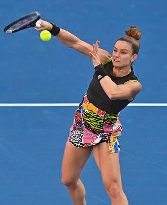 (220224) -- DOHA, Feb. 24, 2022 -- Maria Sakkari of Greece hits a return during the quarterfinal match of WTA, Tennis Damen Qatar Open tennis tournament between Maria Sakkari of Greece and Cori Gauff of the United States at the Khalifa International Tennis Complex in Doha, capital of Qatar, Feb. 24, 2022. (Photo by Nikku Xinhua) (SP)QATAR-DOHA-TENNIS-QATAR OPEN-QUARTERFINAL yangyuanyong 
