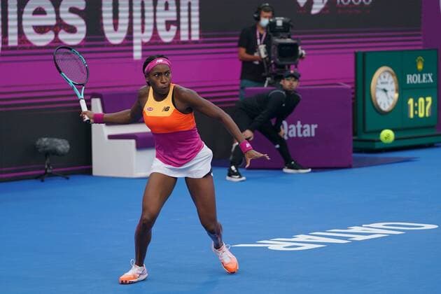 Doha, 24.02.2022 TENIS ZIEMNY KOBIET TURNIEJ WTA, Tennis Damen 1000 DOHA QATAR TOTAL ENERGIES OPEN TENNIS WOMEN TOURNAMENT WTA 1000 DOHA QATAR TOTAL ENERGIES OPEN NZ Coco Gauff Maria Sakkari FOT. Dominik Buszek 400mm NEWSPIX.PL --- Newspix.pl  DSC03044