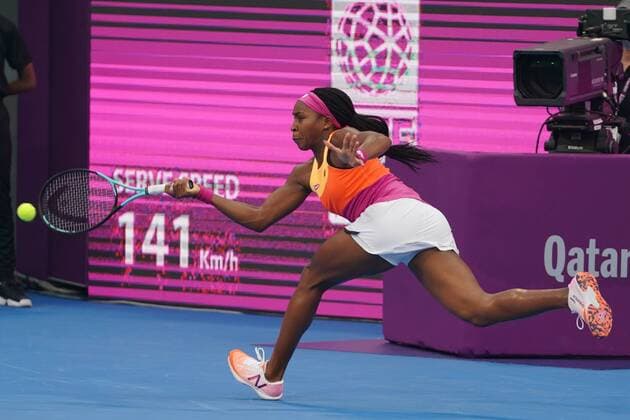 Doha, 24.02.2022 TENIS ZIEMNY KOBIET TURNIEJ WTA, Tennis Damen 1000 DOHA QATAR TOTAL ENERGIES OPEN TENNIS WOMEN TOURNAMENT WTA 1000 DOHA QATAR TOTAL ENERGIES OPEN NZ Coco Gauff Maria Sakkari FOT. Dominik Buszek 400mm NEWSPIX.PL --- Newspix.pl  DSC03345