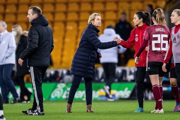 England Women v Germany Women Arnold Clark Cup 23 02 2022. German Coach Martina Voss-Tecklenburg after the Arnold Clark Cup match between England Women and Germany Women at Molineux, Wolverhampton, England on 23 February 2022. Editorial use only , Copyright: xManjitxNarotrax PSI-14720-0159