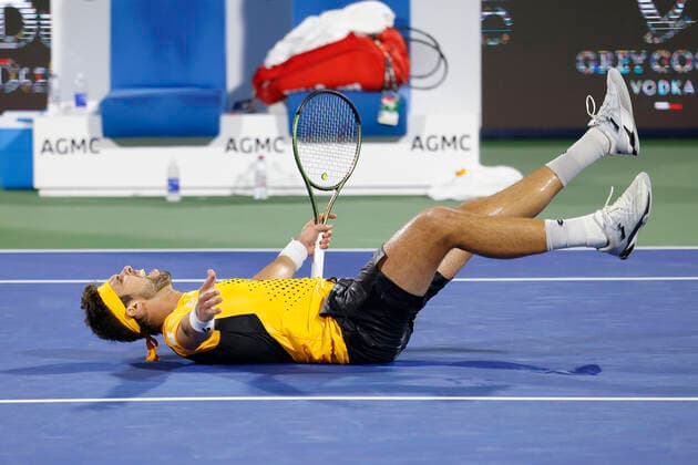 Jiri Vesely cheers after victory, jubilation, joy, emotion Tennis Dubai Duty Free Tennis Championships ATP Dubai Duty Free Tennis Stadium Dubai United Arab Emirates 24 February 2022 Copyright: xJuergenxHasenkopfx