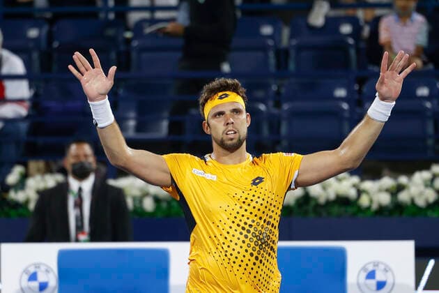 Jiri Vesely cheers after victory, jubilation, joy, emotion Tennis Dubai Duty Free Tennis Championships ATP Dubai Duty Free Tennis Stadium Dubai United Arab Emirates 24 February 2022 Copyright: xJuergenxHasenkopfx