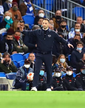 San Sebastian RB Leipzig 24 02 2022 Donostia San Sebastian, 24 02 2022, Estadio Anoeta, Football, UEFA Europa League, Play Off Rückspiel , Real Sociedad San Sebastian ESP vs RB Leipzig GER , In picture coach Domenico Tedesco, RB Leipzig , UEFA regulations prohibit any use of photographs as image sequences and or quasi video , Picture Point