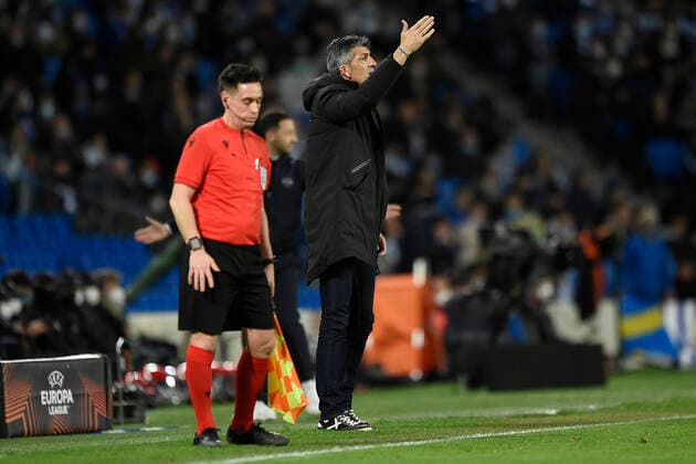 ESP: Real Sociedad - RB Leipzig. UEFA Europa League Real Sociedad head coach Imanol Alguacil during the UEFA Europa League match, round of 32 between Real Sociedad v RB Leipzig played at Reale Arena Stadium on February 24, 2022 in San Sebastian, Spain. (Cesar Ortiz PRESSINPHOTO) kpng Copyright: xCesarxOrtizx xPRESSINPHOTOx PS_220224_014