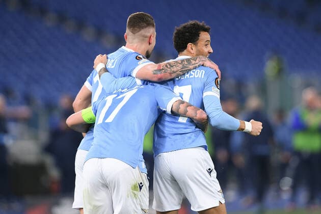 Ciro Immobile of SS Lazio celebrates after scoring first goal during the UEFA Europa League Knockout Round Play-Offs Leg two between SS Lazio and FC Porto at Stadio Olimpico, Rome, Italy on 24 February 2022. Photo by Giuseppe Maffia. Rome Stadio Olimpico Rome Italy Copyright: xGiuseppexMaffiax SP24-254-003