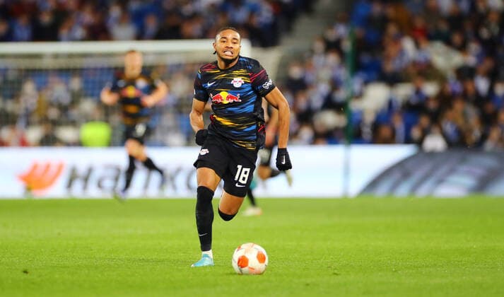 San Sebastian RB Leipzig 24 02 2022 Donostia San Sebastian, 24 02 2022, Estadio Anoeta, Football, UEFA Europa League, Play Off Rückspiel , Real Sociedad San Sebastian ESP vs RB Leipzig GER , Im Bild Christopher Nkunku 18, RB Leipzig , UEFA regulations prohibit any use of photographs as image sequences and or quasi video , Picture Point