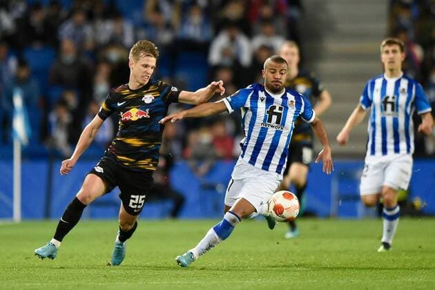 Mandatory Credit: Photo by Pressinphoto Shutterstock (12821404b) Rafael Rafinha Alcantara of Real Sociedad and Dani Olmo of RB Leipzig Real Sociedad v RB Leipzig, UEFA Europa League 2021-2022, Round of 32, secong leg. Football, Reale Arena Stadium, San Sebastian, Spain - 24 Feb 2022 Editorial use only Real Sociedad v RB Leipzig, UEFA Europa League 2021-2022, Round of 32, secong leg. Football, Reale Arena Stadium, San Sebastian, Spain - 24 Feb 2022 Editorial use only  Copyright: xPressinphoto Shutterstockx 12821404b