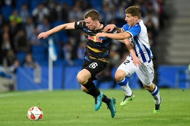Mandatory Credit: Photo by Pressinphoto Shutterstock (12821404c) Lukas Klosternmann of RB Leipzig and Ahien Munoz of Real Sociedad Real Sociedad v RB Leipzig, UEFA Europa League 2021-2022, Round of 32, secong leg. Football, Reale Arena Stadium, San Sebastian, Spain - 24 Feb 2022 Editorial use only Real Sociedad v RB Leipzig, UEFA Europa League 2021-2022, Round of 32, secong leg. Football, Reale Arena Stadium, San Sebastian, Spain - 24 Feb 2022 Editorial use only  Copyright: xPressinphoto Shutterstockx 12821404c
