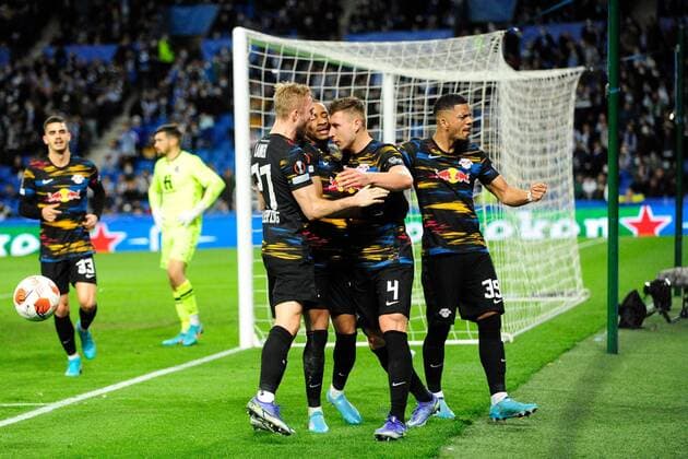 Mandatory Credit: Photo by Pressinphoto Shutterstock (12821404f) Willi Orban of RB Leipzig celebrates with his teammates after scoring the opening goal Real Sociedad v RB Leipzig, UEFA Europa League 2021-2022, Round of 32, secong leg. Football, Reale Arena Stadium, San Sebastian, Spain - 24 Feb 2022 Editorial use only Real Sociedad v RB Leipzig, UEFA Europa League 2021-2022, Round of 32, secong leg. Football, Reale Arena Stadium, San Sebastian, Spain - 24 Feb 2022 Editorial use only  Copyright: xPressinphoto Shutterstockx 12821404f