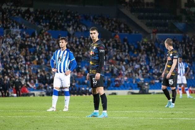 24th February 2022 Reale Arena Donostia San Sebastian Pais Vasco Spain UEFA Europa League Real Sociedad vs RB Leipzig Andre Silva Leipzig scores goal Donostia Pais Vasco Spain Futbol Copyright: xEduardoxAgredax xAgenciaxLOFx