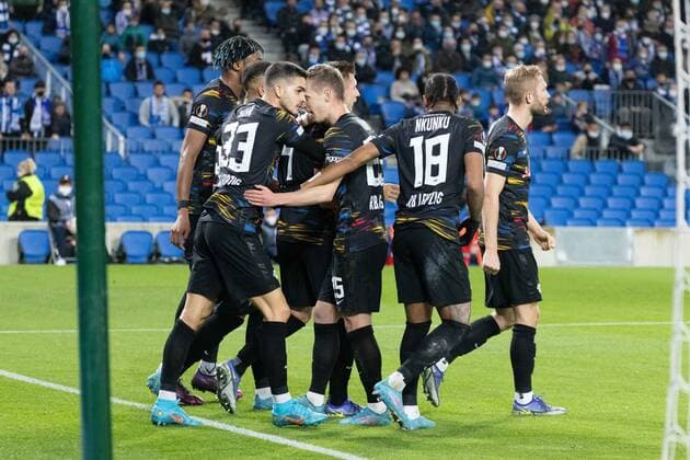 24th February 2022 Reale Arena Donostia San Sebastian Pais Vasco Spain UEFA Europa League Real Sociedad vs RB Leipzig Andre Silva Leipzig celebration to goal Donostia Pais Vasco Spain Futbol Copyright: xEduardoxAgredax xAgenciaxLOFx