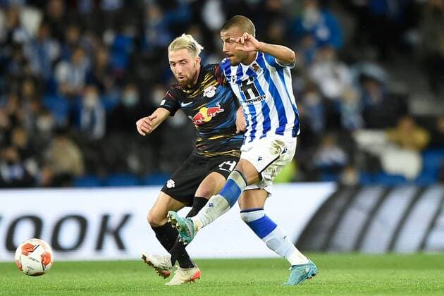 Mandatory Credit: Photo by Pressinphoto Shutterstock (12821404k) Kevin Kampl of RB Leipzig and Rafael Rafinha Alcantara of Real Sociedad Real Sociedad v RB Leipzig, UEFA Europa League 2021-2022, Round of 32, secong leg. Football, Reale Arena Stadium, San Sebastian, Spain - 24 Feb 2022 Editorial use only Real Sociedad v RB Leipzig, UEFA Europa League 2021-2022, Round of 32, secong leg. Football, Reale Arena Stadium, San Sebastian, Spain - 24 Feb 2022 Editorial use only  Copyright: xPressinphoto Shutterstockx 12821404k