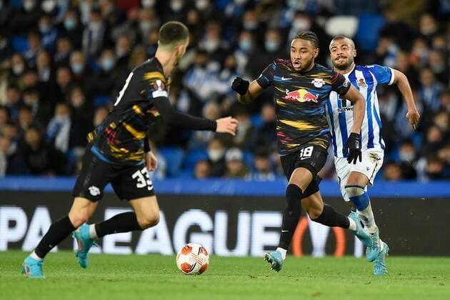 Mandatory Credit: Photo by Pressinphoto Shutterstock (12821404g) Christopher Nkunku of RB Leipzig Real Sociedad v RB Leipzig, UEFA Europa League 2021-2022, Round of 32, secong leg. Football, Reale Arena Stadium, San Sebastian, Spain - 24 Feb 2022 Editorial use only Real Sociedad v RB Leipzig, UEFA Europa League 2021-2022, Round of 32, secong leg. Football, Reale Arena Stadium, San Sebastian, Spain - 24 Feb 2022 Editorial use only  Copyright: xPressinphoto Shutterstockx 12821404g