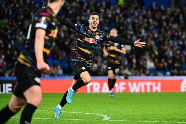 Goal celebration for 0 2 by Andre Silva 33 Leipzig , Real Sociedad vs RB Leipzig, Europa League, PLayoff second leg, 24 02 2022 Copyright: xkolbert-press MarcxNiemeyerx