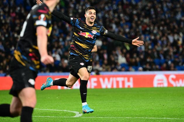 Goal celebration for 0 2 by Andre Silva 33 Leipzig , Real Sociedad vs RB Leipzig, Europa League, PLayoff second leg, 24 02 2022 Copyright: xkolbert-press MarcxNiemeyerx