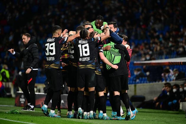 Goal celebration for 0 2 by Andre Silva 33 Leipzig , Real Sociedad vs RB Leipzig, Europa League, PLayoff second leg, 24 02 2022 Copyright: xkolbert-press MarcxNiemeyerx