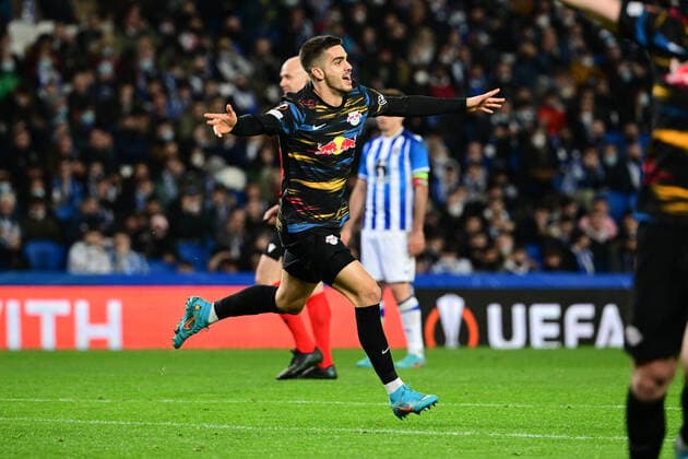 Goal celebration for 0 2 by Andre Silva 33 Leipzig , Real Sociedad vs RB Leipzig, Europa League, PLayoff second leg, 24 02 2022 Copyright: xkolbert-press MarcxNiemeyerx