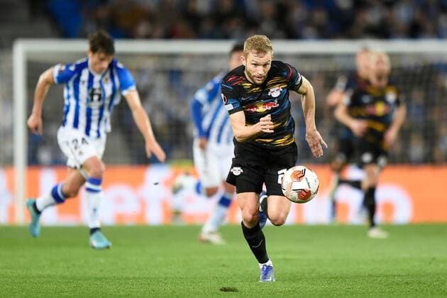 Mandatory Credit: Photo by Pressinphoto Shutterstock (12821404q) Konrad Laimer of RB Leipzig Real Sociedad v RB Leipzig, UEFA Europa League 2021-2022, Round of 32, secong leg. Football, Reale Arena Stadium, San Sebastian, Spain - 24 Feb 2022 Editorial use only Real Sociedad v RB Leipzig, UEFA Europa League 2021-2022, Round of 32, secong leg. Football, Reale Arena Stadium, San Sebastian, Spain - 24 Feb 2022 Editorial use only Copyright: xPressinphoto Shutterstockx 12821404q