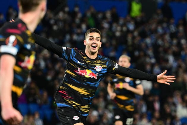 Goal celebration for 0 2 by Andre Silva 33 Leipzig , Real Sociedad vs RB Leipzig, Europa League, PLayoff second leg, 24 02 2022 Copyright: xkolbert-press MarcxNiemeyerx
