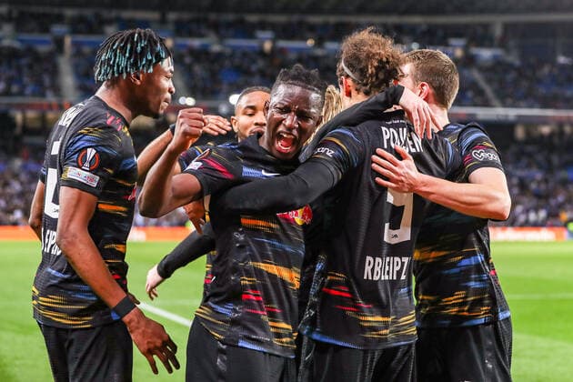 Goal, goal celebration, to 1 3 by Emil Forsberg RB Leipzig, 10 , ESP, Real Sociedad vs RB Leipzig, UEFA Europa League Play Offs, Spielzeit 2021 2022, 24 02 2022, DFB DFL regulations prohibit any use of photographs as image sequences and or quasi video , ESP, Real Sociedad vs RB Leipzig, UEFA Europa League Play Offs, Spielzeit 2021 2022, 24 02 2022 San Sebastian Copyright: xEibner-Pressefoto GabrielxBoiax EP_EEP
