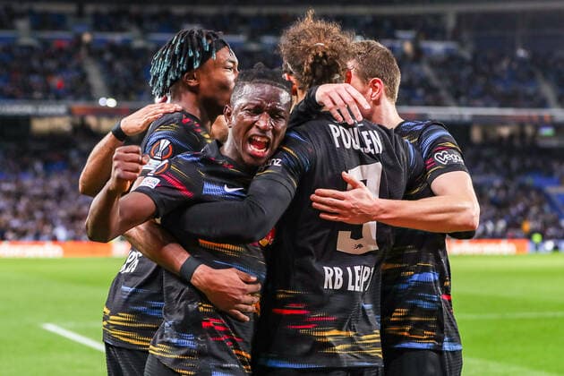 Goal, goal celebration, to 1 3 by Emil Forsberg RB Leipzig, 10 , ESP, Real Sociedad vs RB Leipzig, UEFA Europa League Play Offs, Spielzeit 2021 2022, 24 02 2022, DFB DFL regulations prohibit any use of photographs as image sequences and or quasi video , ESP, Real Sociedad vs RB Leipzig, UEFA Europa League Play Offs, Spielzeit 2021 2022, 24 02 2022 San Sebastian Copyright: xEibner-Pressefoto GabrielxBoiax EP_EEP