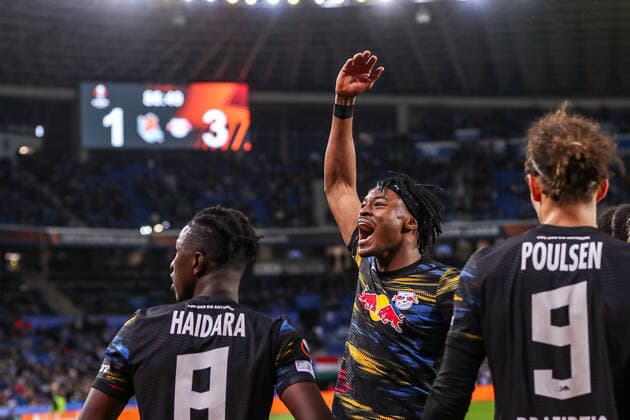 Goal, goal celebration, to 1 3 by Emil Forsberg RB Leipzig, 10 , ESP, Real Sociedad vs RB Leipzig, UEFA Europa League Play Offs, Spielzeit 2021 2022, 24 02 2022, DFB DFL regulations prohibit any use of photographs as image sequences and or quasi video , ESP, Real Sociedad vs RB Leipzig, UEFA Europa League Play Offs, Spielzeit 2021 2022, 24 02 2022 San Sebastian Copyright: xEibner-Pressefoto GabrielxBoiax EP_EEP