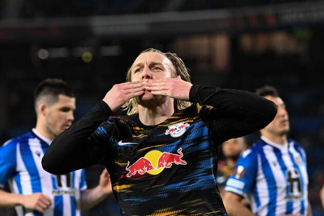 Goal celebration for 1 3 by Emil Forsberg 10 Leipzig , Real Sociedad vs RB Leipzig, Europa League, PLayoff second leg, 24 02 2022 Donostia San Sebastian Donostia San Sebastian Spain Copyright: xkolbert-press MarcxNiemeyerx