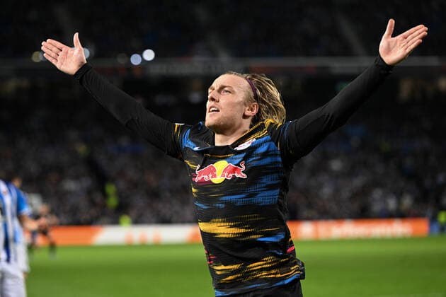 Goal celebration for 1 3 by Emil Forsberg 10 Leipzig , Real Sociedad vs RB Leipzig, Europa League, PLayoff second leg, 24 02 2022 Donostia San Sebastian Donostia San Sebastian Spain Copyright: xkolbert-press MarcxNiemeyerx