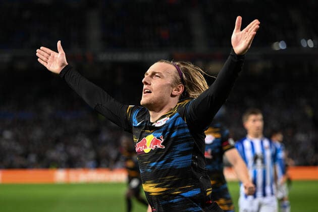 Goal celebration for 1 3 by Emil Forsberg 10 Leipzig , Real Sociedad vs RB Leipzig, Europa League, PLayoff second leg, 24 02 2022 Donostia San Sebastian Donostia San Sebastian Spain Copyright: xkolbert-press MarcxNiemeyerx