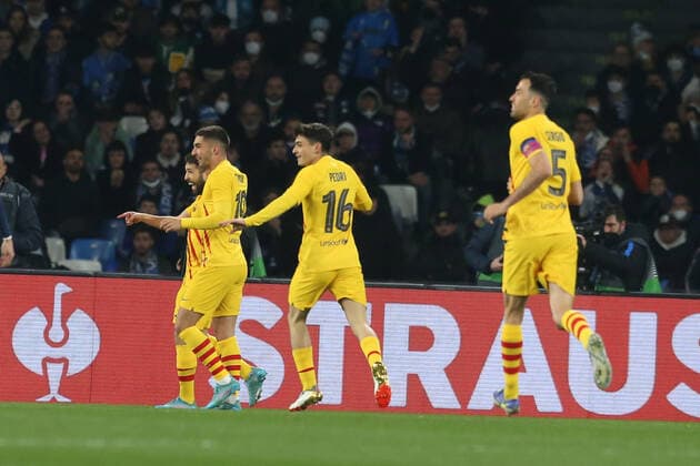 Italy: Europa League football match SSC Napoli vs Barcellona Barcellona s Spanish defender Jordi Alba celebrates after scoring a goal during the UEFA Europa League football match between SSC Napoli and Barcellona at the Diego Armando Maradona Stadium in Naples, southern Italy, on February 24, 2022. ABPH8693 Copyright: xAntonioxBalascox