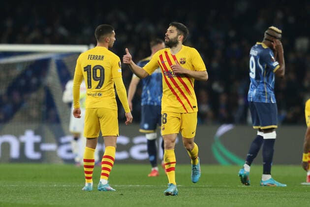 Italy: Europa League football match SSC Napoli vs Barcellona Barcellona s Spanish defender Jordi Alba celebrates after scoring a goal during the UEFA Europa League football match between SSC Napoli and Barcellona at the Diego Armando Maradona Stadium in Naples, southern Italy, on February 24, 2022. ABPH8721 Copyright: xAntonioxBalascox