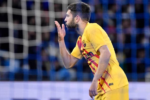 Jordi Alba of Barcelona celebrates after scoring the goal of 0-1 during the Europa League Knock-out Play-off Second leg football match between SSC Napoli and FC Barcelona, Barca at Diego Armando Maradona stadium in Napoli (Italy), February 24th, 2021. Photo Andrea Staccioli Insidefoto andreaxstaccioli