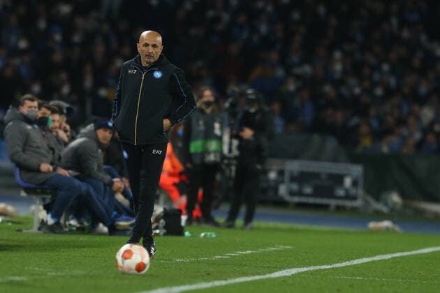 Italy: Europa League football match SSC Napoli vs Barcellona SSC Napoli s Italian coach Luciano Spalletti looks during the UEFA Europa League football match between SSC Napoli and Barcellona at the Diego Armando Maradona Stadium in Naples, southern Italy, on February 24, 2022. ABPH9017 Copyright: xAntonioxBalascox