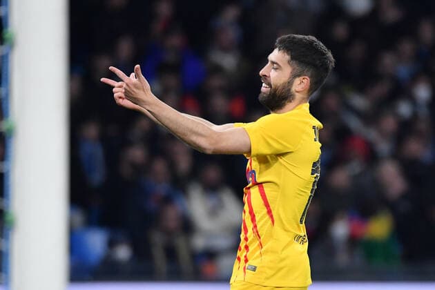 Barcelona s defender Jordi Alba jubilates after scoring the 0-1 goal during SSC Napoli vs FC Barcellona, football Europa League match in Naples, Italy, February 24 2022  Copyright: xCarmeloxImbesix xipa-agency.netx xx 0