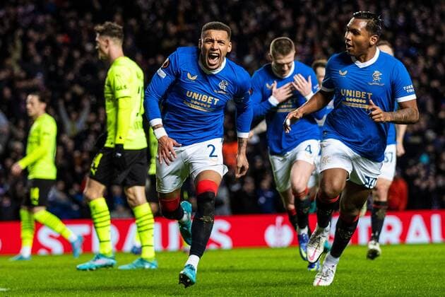 Mandatory Credit: Photo by Kirk O Rourke Rangers FC Shutterstock (12821153s) Rangers captain James Tavernier celebrates his goal from the penalty spot during the last 32 Europa League match at Ibrox Stadium, Glasgow. Rangers v Borussia Dortmund, UEFA Europa League, Play-offs, Second Leg, Football, Ibrox Stadium, Glasgow, UK - 24 Feb 2022 Rangers v Borussia Dortmund, UEFA Europa League, Play-offs, Second Leg, Football, Ibrox Stadium, Glasgow, UK - 24 Feb 2022 Copyright: xKirkxO Rourke RangersxFC Shutterstockx 12821153s