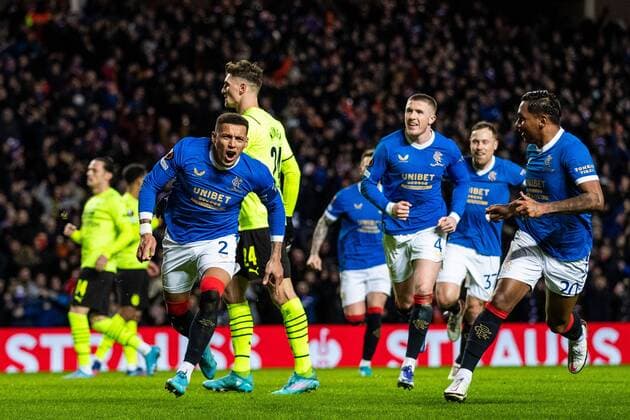 Mandatory Credit: Photo by Kirk O Rourke Rangers FC Shutterstock (12821153r) Rangers captain James Tavernier celebrates his goal from the penalty spot during the last 32 Europa League match at Ibrox Stadium, Glasgow. Rangers v Borussia Dortmund, UEFA Europa League, Play-offs, Second Leg, Football, Ibrox Stadium, Glasgow, UK - 24 Feb 2022 Rangers v Borussia Dortmund, UEFA Europa League, Play-offs, Second Leg, Football, Ibrox Stadium, Glasgow, UK - 24 Feb 2022 Copyright: xKirkxO Rourke RangersxFC Shutterstockx 12821153r