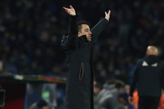Italy: Europa League football match SSC Napoli vs Barcellona Barcellona s ESP coach Xavi gesticulate during the UEFA Europa League football match between SSC Napoli and Barcellona at the Diego Armando Maradona Stadium in Naples, southern Italy, on February 24, 2022. ABPH9088 Copyright: xAntonioxBalascox