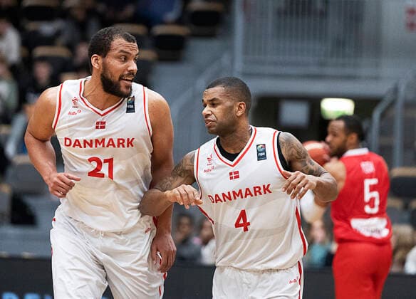 Denmarks Kevin Larsen and Adama Darboe Denmark meet Norway in a European Championship qualifier in basketball, played in Naestved, Thursday 24 February 2022, Naestved Denmark  Copyright: fotograf@clausbech.dk ClausxBechx Cop10173 spdk20220224-200535-L