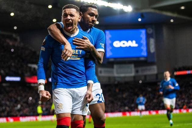 Mandatory Credit: Photo by Kirk O Rourke Rangers FC Shutterstock (12821153w) Rangers captain James Tavernier celebrates his goal from the penalty spot during the last 32 Europa League match at Ibrox Stadium, Glasgow. Rangers v Borussia Dortmund, UEFA Europa League, Play-offs, Second Leg, Football, Ibrox Stadium, Glasgow, UK - 24 Feb 2022 Rangers v Borussia Dortmund, UEFA Europa League, Play-offs, Second Leg, Football, Ibrox Stadium, Glasgow, UK - 24 Feb 2022 Copyright: xKirkxO Rourke RangersxFC Shutterstockx 12821153w