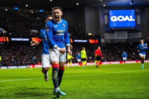 Mandatory Credit: Photo by Kirk O Rourke Rangers FC Shutterstock (12821153x) Rangers captain James Tavernier celebrates his goal from the penalty spot during the last 32 Europa League match at Ibrox Stadium, Glasgow. Rangers v Borussia Dortmund, UEFA Europa League, Play-offs, Second Leg, Football, Ibrox Stadium, Glasgow, UK - 24 Feb 2022 Rangers v Borussia Dortmund, UEFA Europa League, Play-offs, Second Leg, Football, Ibrox Stadium, Glasgow, UK - 24 Feb 2022 Copyright: xKirkxO Rourke RangersxFC Shutterstockx 12821153x